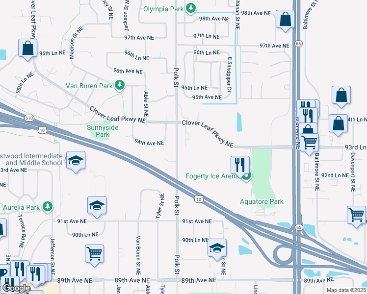map of restaurants, bars, coffee shops, grocery stores, and more near 9401 Polk Street in Blaine