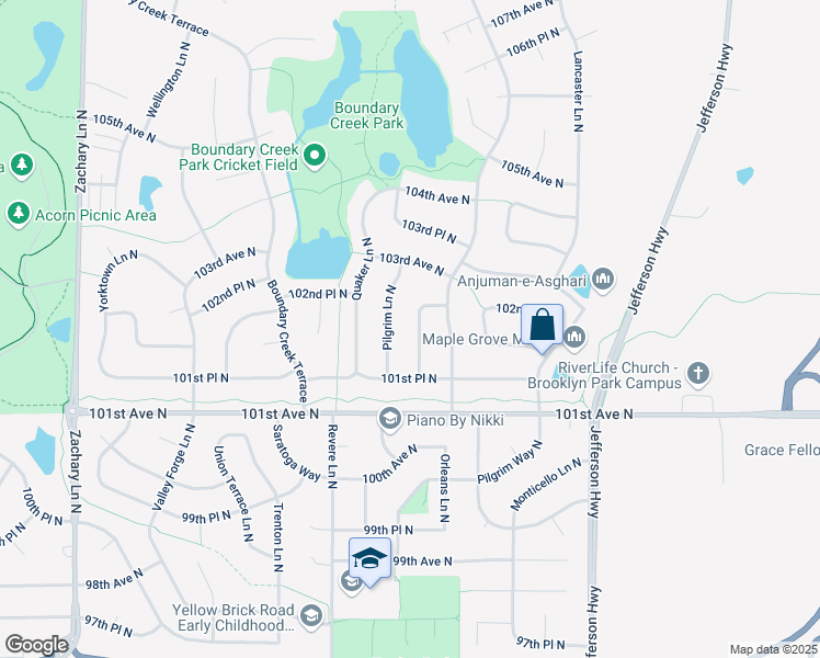 map of restaurants, bars, coffee shops, grocery stores, and more near 10206 Pilgrim Lane North in Maple Grove