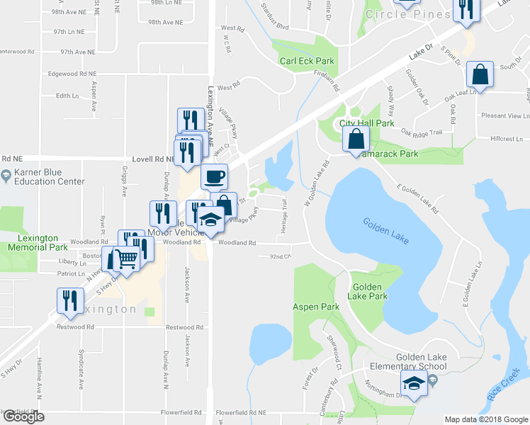 map of restaurants, bars, coffee shops, grocery stores, and more near 208 Heritage Lane in Circle Pines