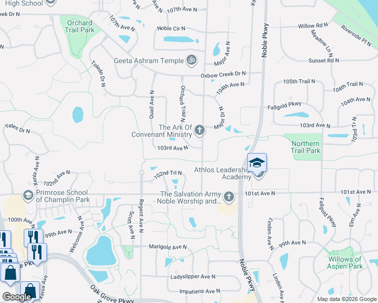 map of restaurants, bars, coffee shops, grocery stores, and more near 10145 Noble Avenue North in Minneapolis