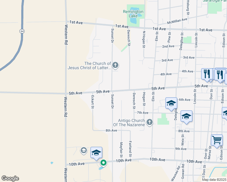 map of restaurants, bars, coffee shops, grocery stores, and more near 1716 5th Avenue in Antigo