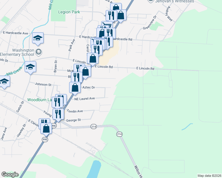 map of restaurants, bars, coffee shops, grocery stores, and more near 1715 Northeast Laurel Avenue in Woodburn
