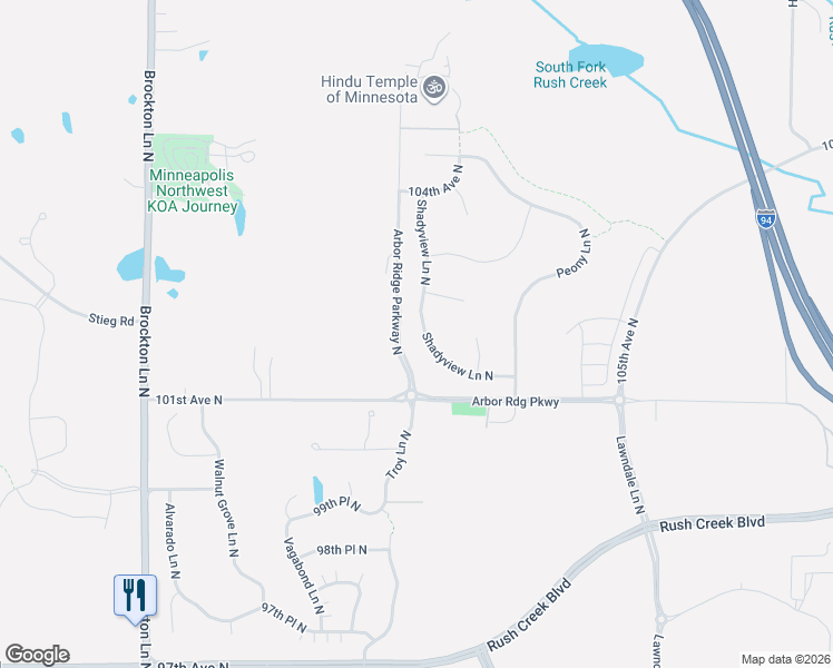 map of restaurants, bars, coffee shops, grocery stores, and more near 10084 Troy Lane North in Maple Grove