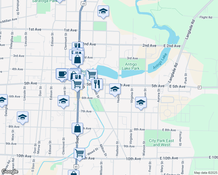 map of restaurants, bars, coffee shops, grocery stores, and more near 509 Fulton Street in Antigo