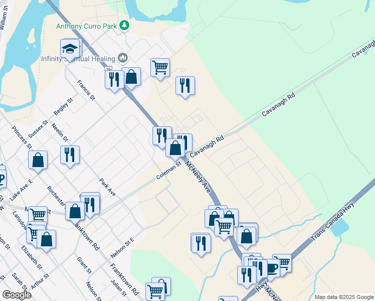 map of restaurants, bars, coffee shops, grocery stores, and more near 10348 Cavanagh Road in Carleton Place