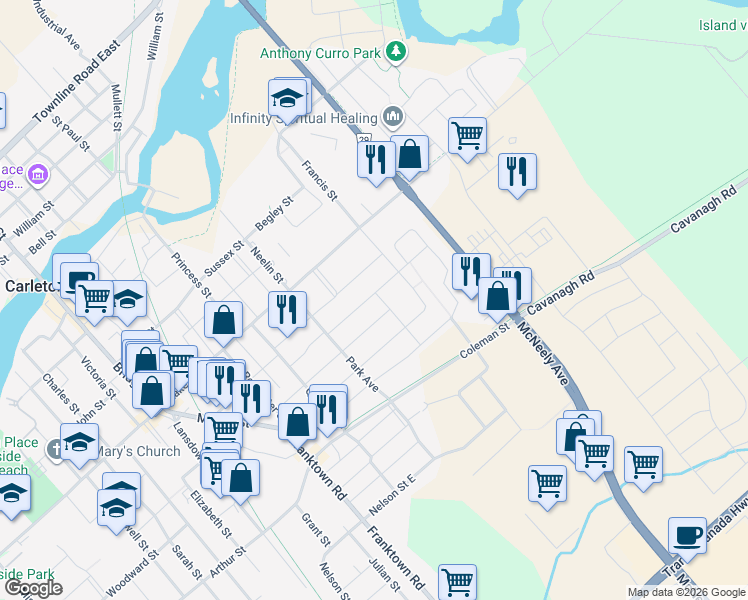 map of restaurants, bars, coffee shops, grocery stores, and more near 250 King Street in Carleton Place