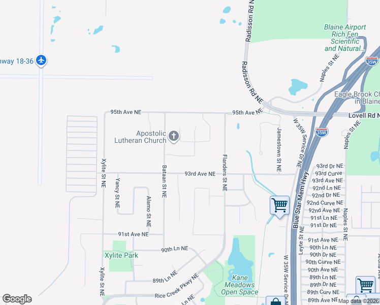 map of restaurants, bars, coffee shops, grocery stores, and more near 2831 93rd Avenue Northeast in Blaine