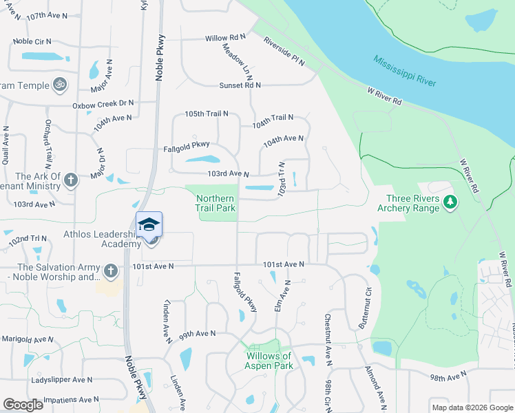 map of restaurants, bars, coffee shops, grocery stores, and more near 3816 102nd Lane North in Brooklyn Park