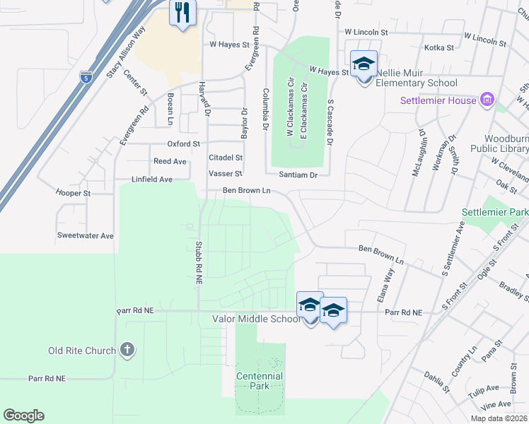 map of restaurants, bars, coffee shops, grocery stores, and more near 2390 Halter Drive in Woodburn
