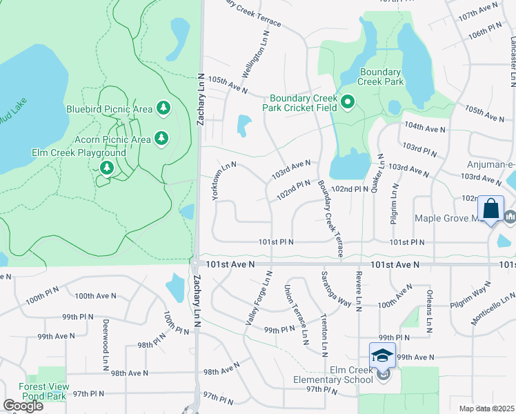 map of restaurants, bars, coffee shops, grocery stores, and more near 10225 Valley Forge Lane North in Maple Grove