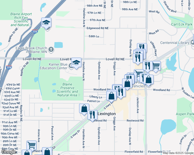 map of restaurants, bars, coffee shops, grocery stores, and more near 9254 Syndicate Avenue in Circle Pines