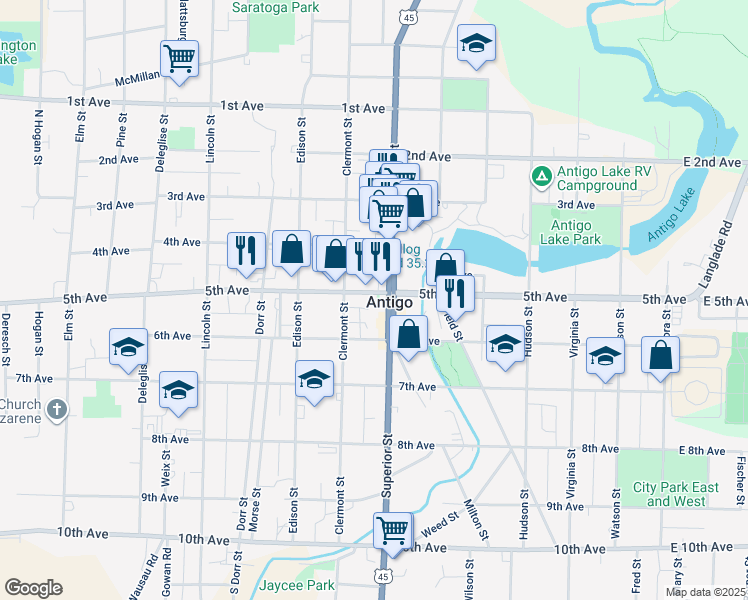 map of restaurants, bars, coffee shops, grocery stores, and more near 610 Superior Street in Antigo