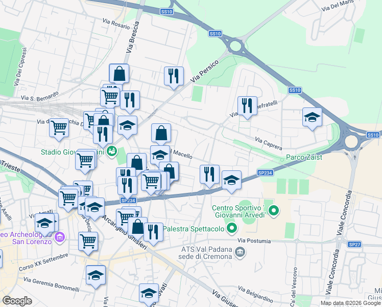 map of restaurants, bars, coffee shops, grocery stores, and more near 2 Via del Macello in Cremona