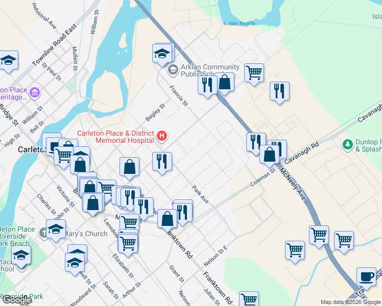 map of restaurants, bars, coffee shops, grocery stores, and more near 244 Munro Street in Carleton Place