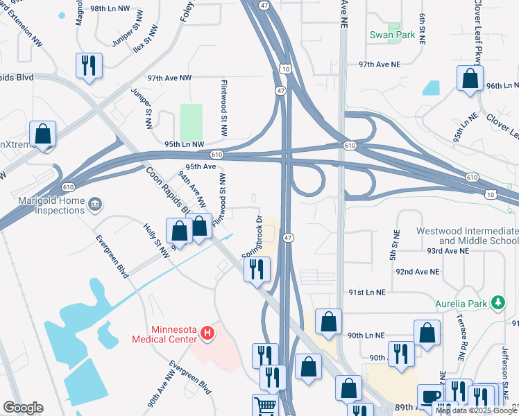 map of restaurants, bars, coffee shops, grocery stores, and more near 9401 Springbrook Drive Northwest in Coon Rapids