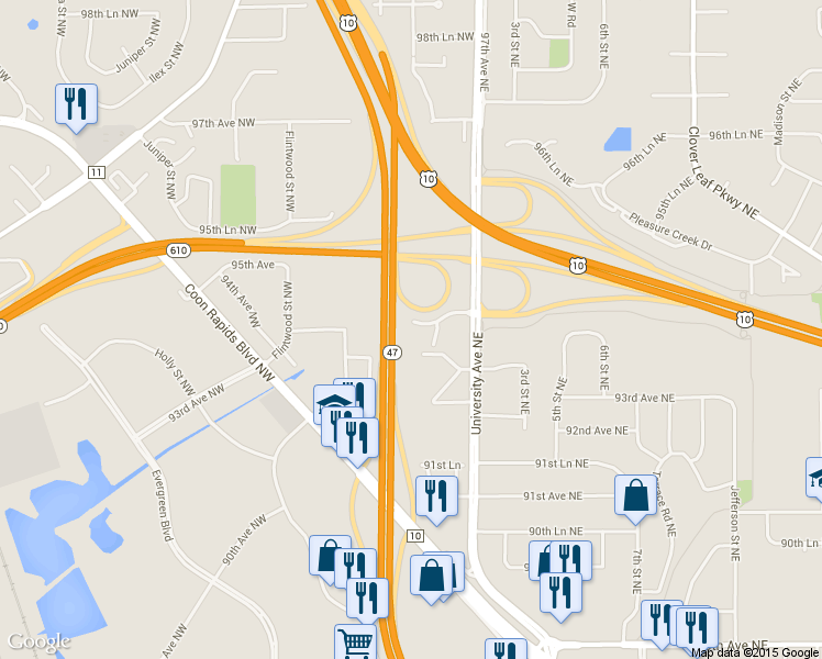 map of restaurants, bars, coffee shops, grocery stores, and more near 60 94th Circle Northwest in Coon Rapids