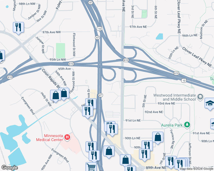 map of restaurants, bars, coffee shops, grocery stores, and more near 60 94th Circle Northwest in Coon Rapids