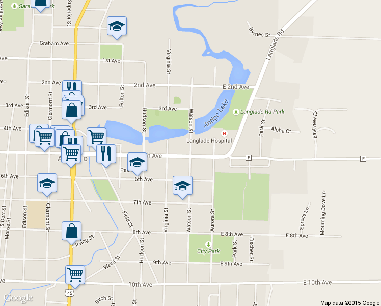 map of restaurants, bars, coffee shops, grocery stores, and more near 613 Watson Street in Antigo