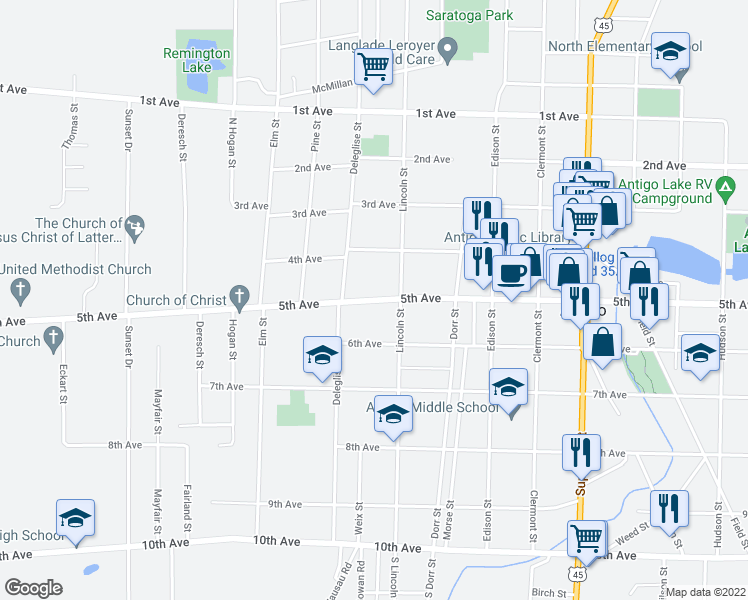 map of restaurants, bars, coffee shops, grocery stores, and more near 1122 5th Avenue in Antigo