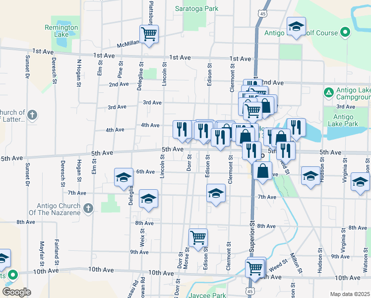 map of restaurants, bars, coffee shops, grocery stores, and more near 1016 5th Avenue in Antigo