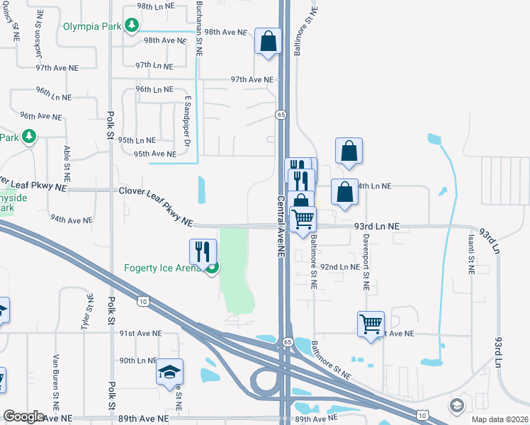 map of restaurants, bars, coffee shops, grocery stores, and more near 9380 Central Avenue Northeast in Blaine