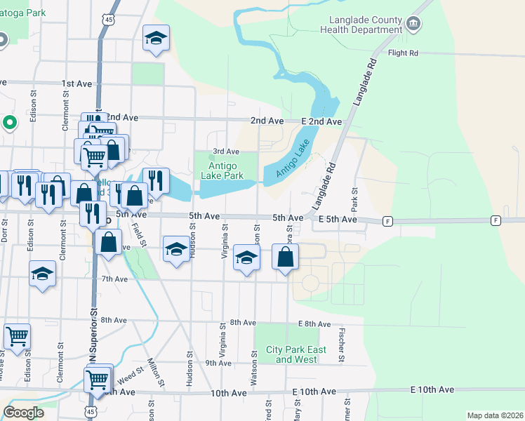 map of restaurants, bars, coffee shops, grocery stores, and more near 613 Watson Street in Antigo