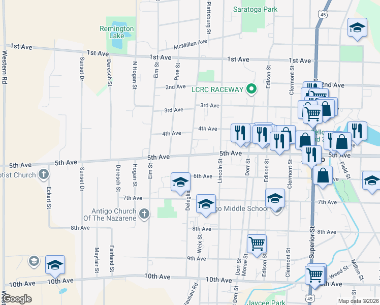 map of restaurants, bars, coffee shops, grocery stores, and more near 612 Deleglise St in Antigo