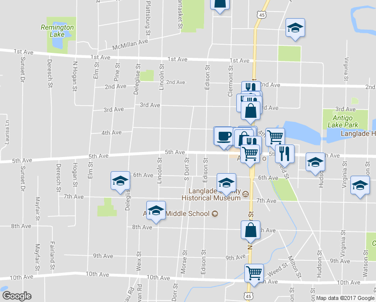 map of restaurants, bars, coffee shops, grocery stores, and more near 604 South Dorr Street in Antigo