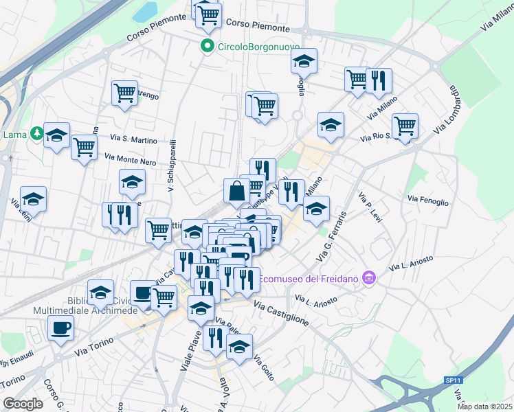 map of restaurants, bars, coffee shops, grocery stores, and more near 15 Via Galilei Galileo in Settimo Torinese