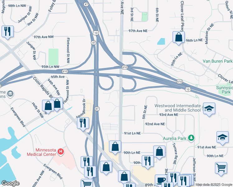 map of restaurants, bars, coffee shops, grocery stores, and more near 9420 University Avenue Northwest in Minneapolis