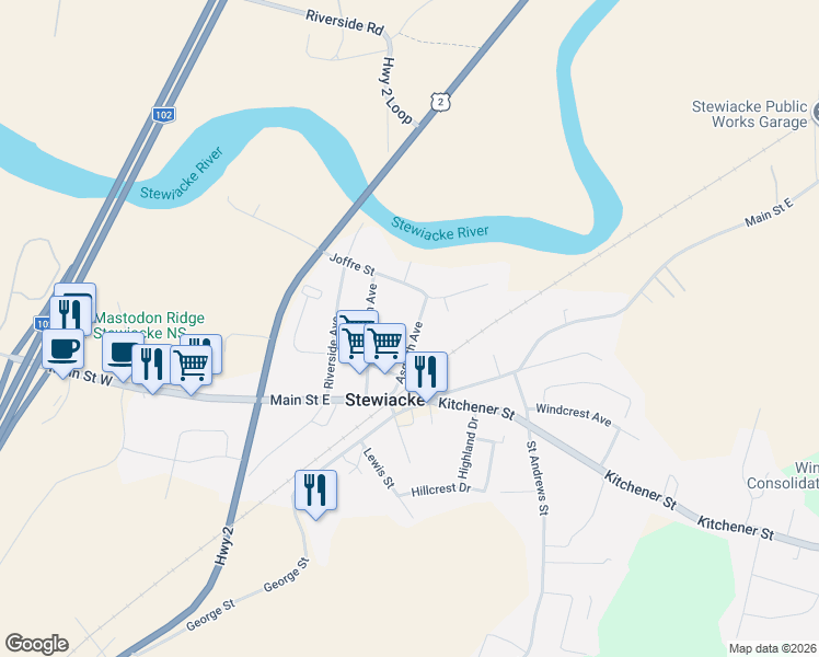 map of restaurants, bars, coffee shops, grocery stores, and more near 42 Asquith Avenue in Stewiacke