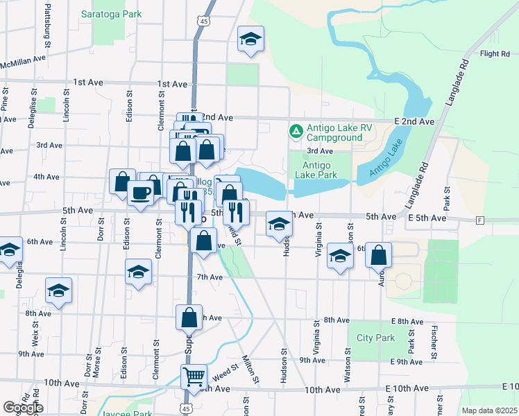map of restaurants, bars, coffee shops, grocery stores, and more near 434 5th Avenue in Antigo