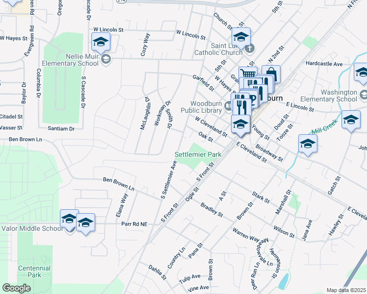 map of restaurants, bars, coffee shops, grocery stores, and more near in Woodburn