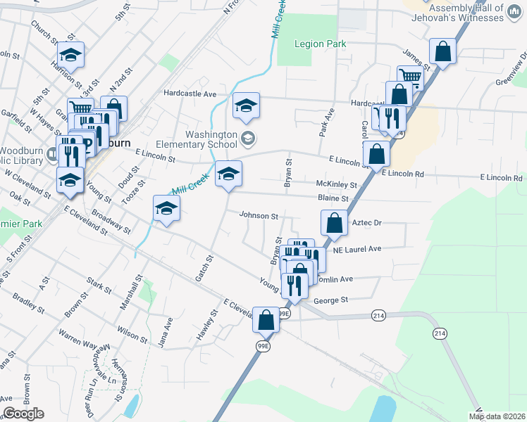 map of restaurants, bars, coffee shops, grocery stores, and more near 955 Johnson Street in Woodburn