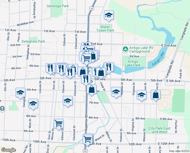 map of restaurants, bars, coffee shops, grocery stores, and more near 637 4th Avenue in Antigo