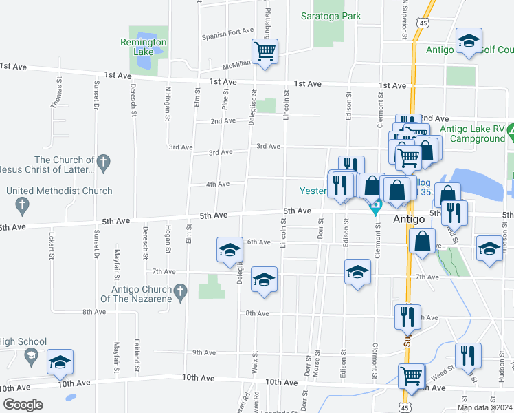 map of restaurants, bars, coffee shops, grocery stores, and more near 1122 5th Avenue in Antigo