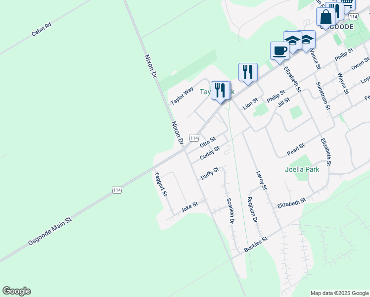 map of restaurants, bars, coffee shops, grocery stores, and more near 5410 Osgoode Main Street in Ottawa