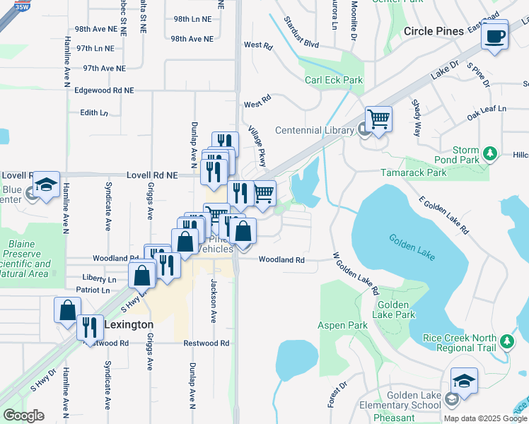 map of restaurants, bars, coffee shops, grocery stores, and more near 43 Central Street in Circle Pines