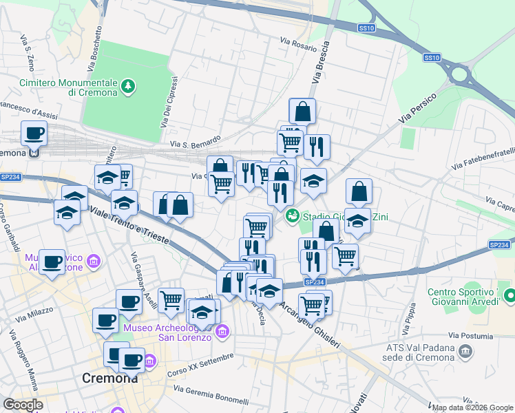 map of restaurants, bars, coffee shops, grocery stores, and more near 7 Via Carso in Cremona