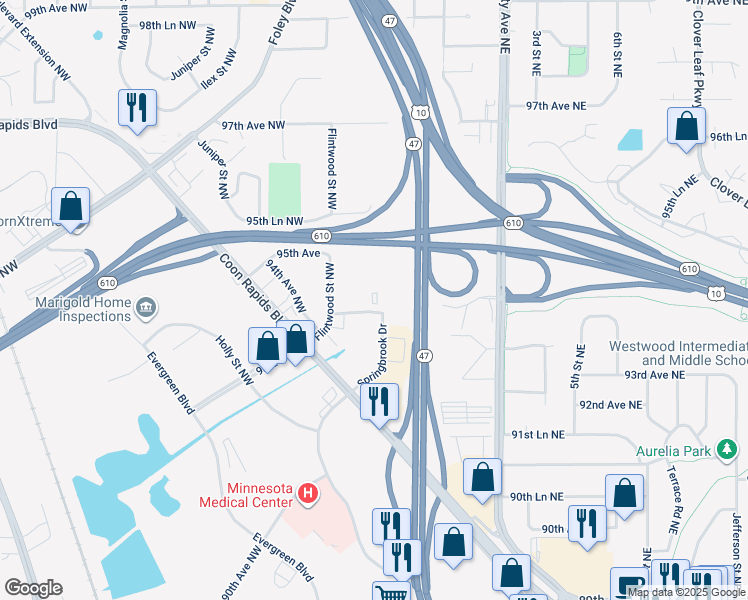 map of restaurants, bars, coffee shops, grocery stores, and more near 201 94th Avenue Northwest in Coon Rapids