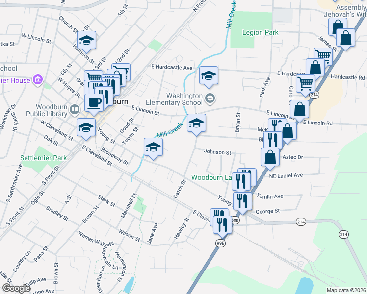 map of restaurants, bars, coffee shops, grocery stores, and more near 431 Gatch Street in Woodburn