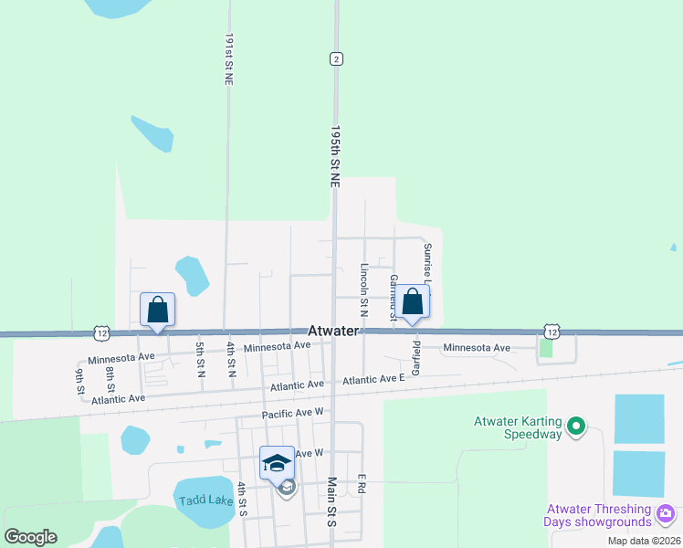 map of restaurants, bars, coffee shops, grocery stores, and more near 411 Main Street North in Atwater