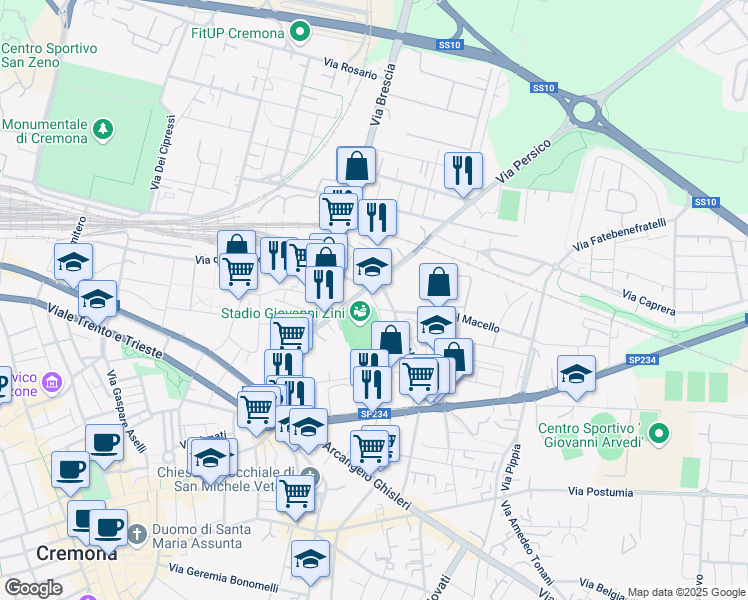map of restaurants, bars, coffee shops, grocery stores, and more near Piazzale Domenico Luzzara in Cremona