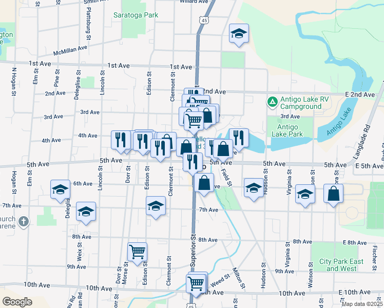 map of restaurants, bars, coffee shops, grocery stores, and more near 610 Superior Street in Antigo
