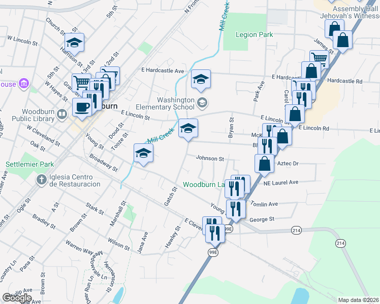 map of restaurants, bars, coffee shops, grocery stores, and more near 821 Johnson Street in Woodburn