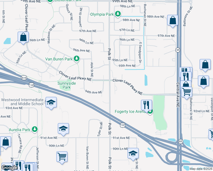 map of restaurants, bars, coffee shops, grocery stores, and more near 9418 Tyler Street Northeast in Blaine