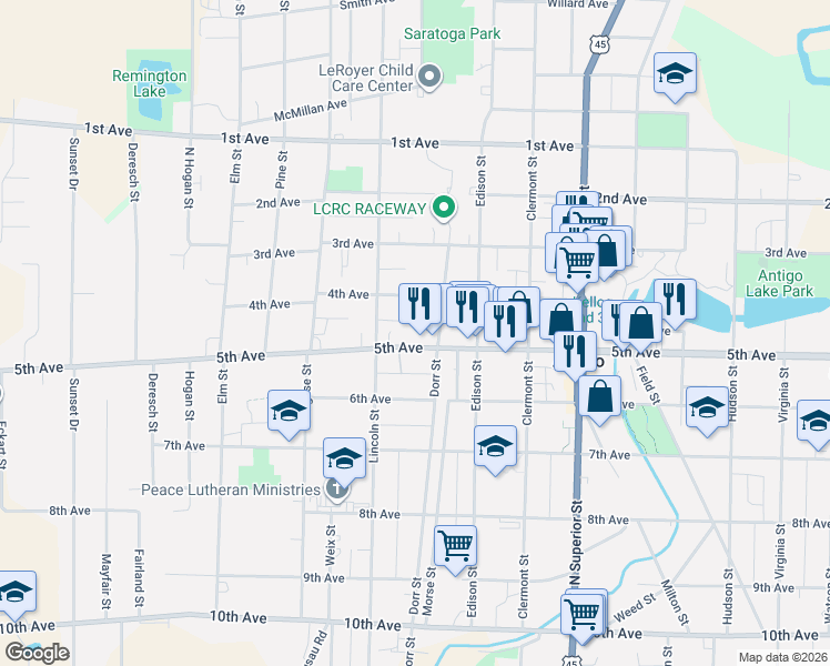 map of restaurants, bars, coffee shops, grocery stores, and more near 1016 5th Avenue in Antigo