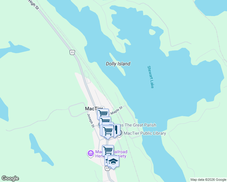 map of restaurants, bars, coffee shops, grocery stores, and more near 38 Beech Avenue in MacTier