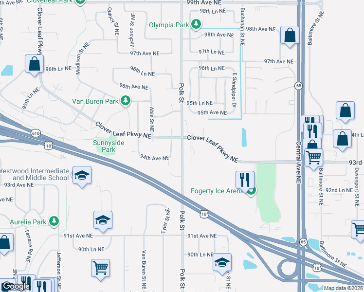 map of restaurants, bars, coffee shops, grocery stores, and more near 9418 Tyler Street Northeast in Blaine