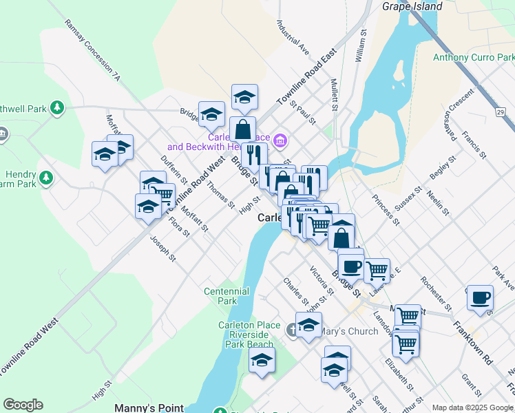 map of restaurants, bars, coffee shops, grocery stores, and more near 226 Water Street in Carleton Place